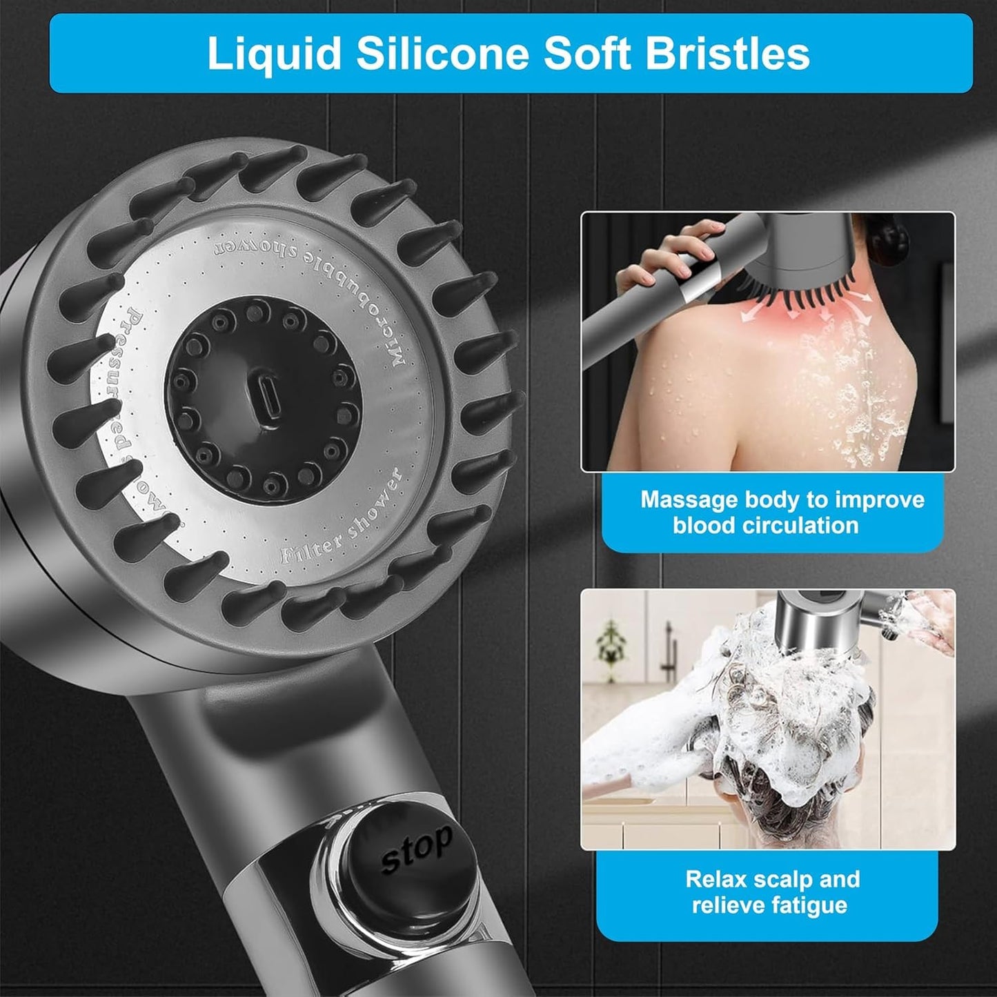 Fossa Snow Shower Head with Filter, High Pressure Shower Head Water Saving, Massage Hand Shower with 3+1 Jet Types, Rain Shower Head with Stop Function, with 1.5 Meter Stainless Steel Hose Pipe, Hook-3