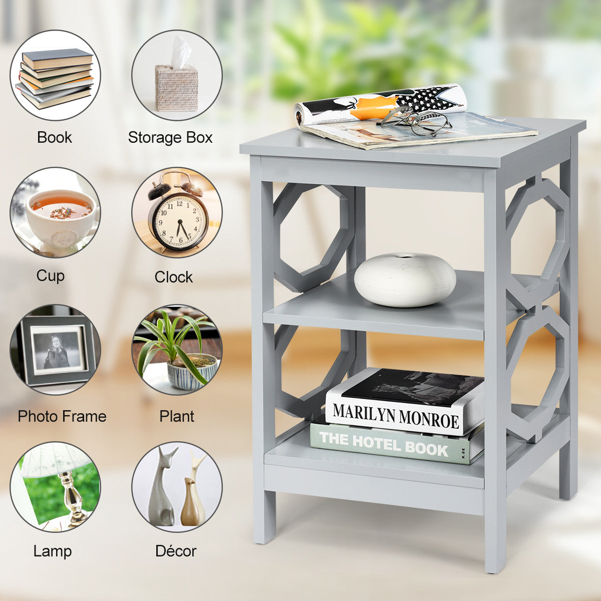 NNECW Set of 2 Side Table with Stable Structure for Bedroom/Living Room-Grey-2